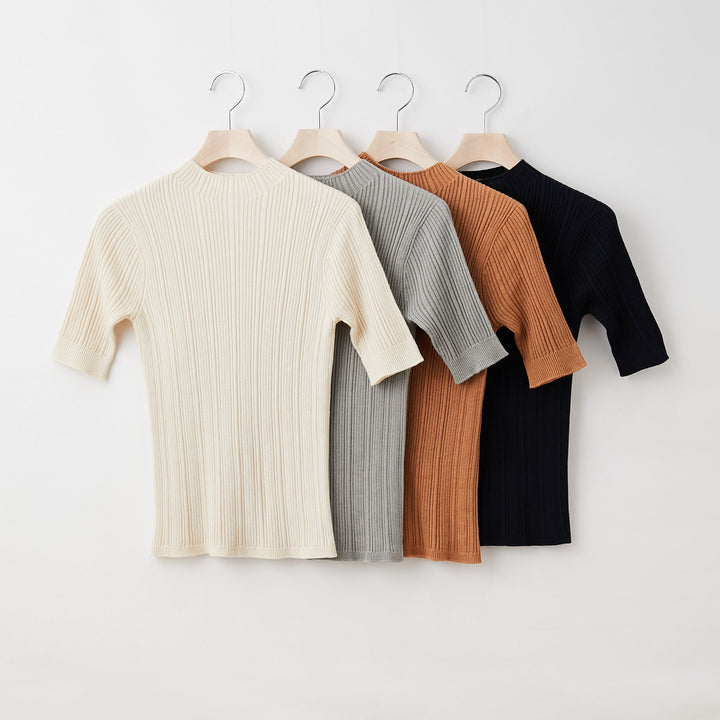 Fika Random Rib Mock Neck Half Sleeve<br>ランダムリブニット モックネックハーフスリーブ