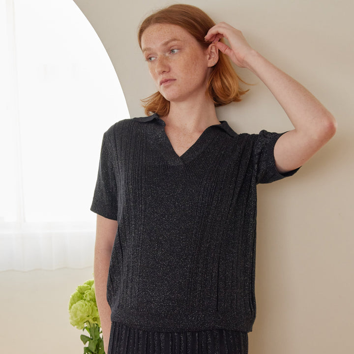 Recycle Glitter Random Rib Knit Short Sleeve Polo<br>リサイクルグリッター ランダムリブニット半袖ポロ